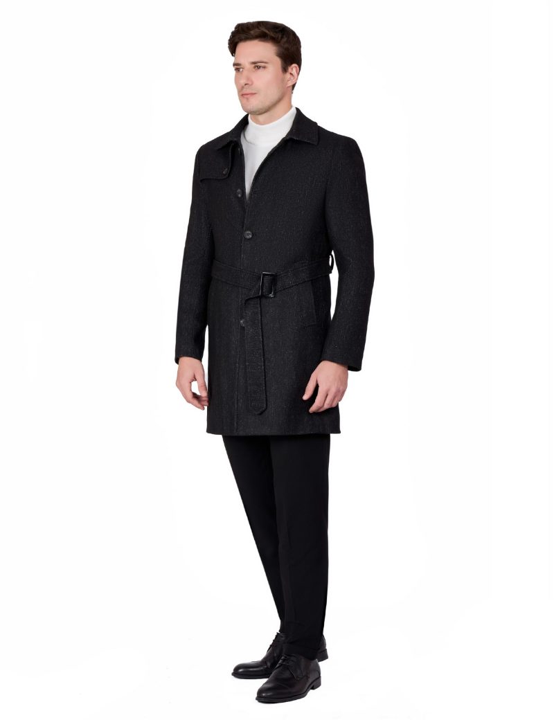 JK40CF10M002-Black-001-3 Comfort Fit Herringbone Coat with Waist Belt