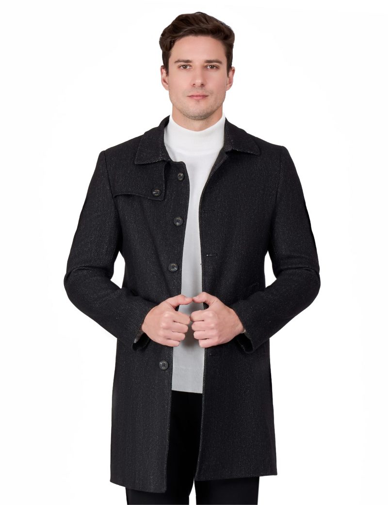 JK40CF10M002-Black-001-5 Comfort Fit Herringbone Coat with Waist Belt