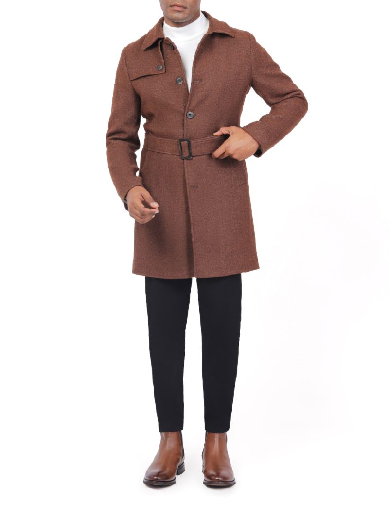 JK40CF10M002-Brown-016-1 Comfort Fit Herringbone Coat with Waist Belt