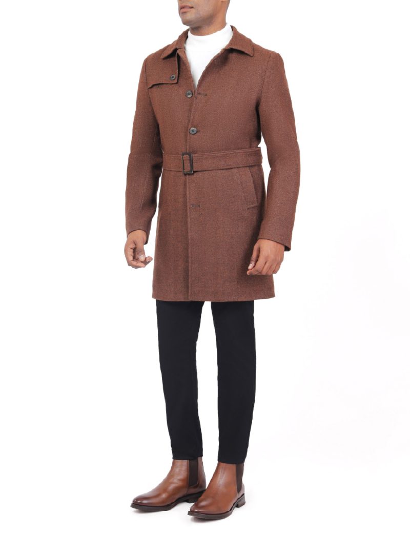 JK40CF10M002-Brown-016-2 Comfort Fit Herringbone Coat with Waist Belt