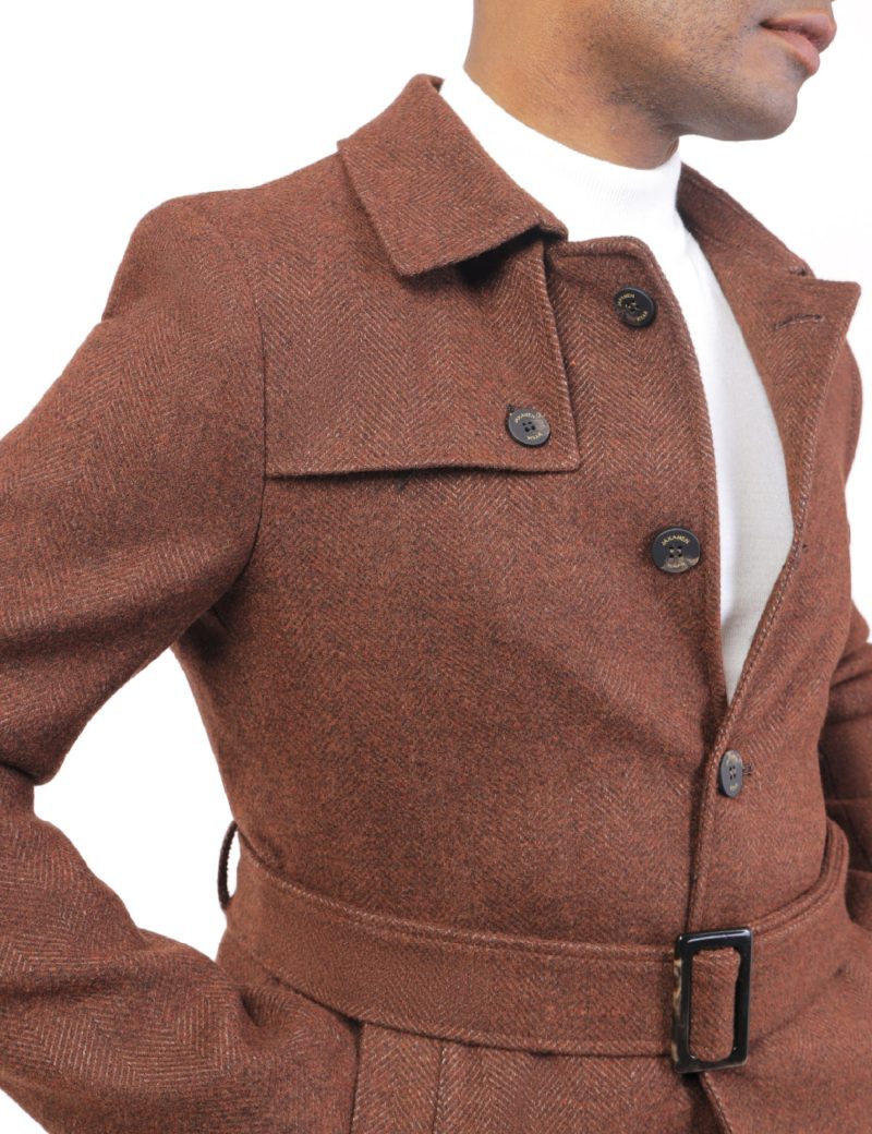 JK40CF10M002-Brown-016-3 Comfort Fit Herringbone Coat with Waist Belt
