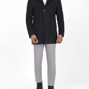 Comfort-Fit Coat with Mandarin Leather Collar