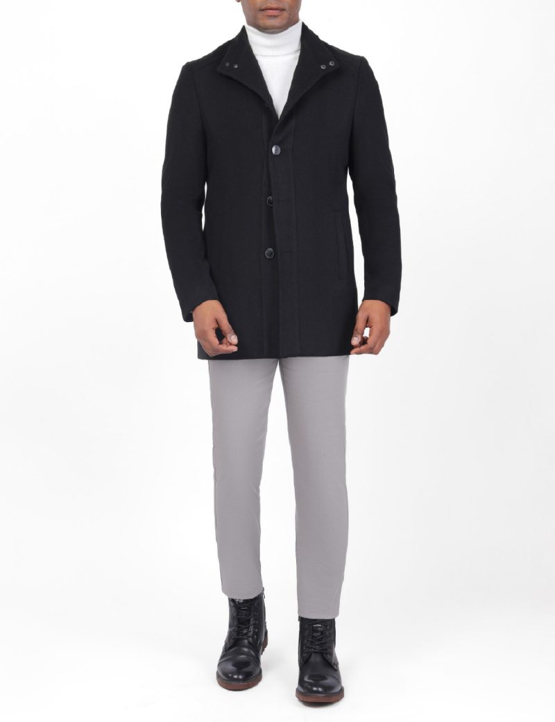 JK40CF10M006-Black-001-1 Comfort-Fit Coat with Mandarin Leather Collar