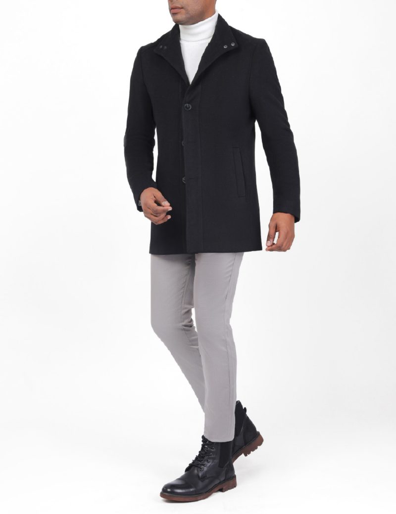 JK40CF10M006-Black-001-2 Comfort-Fit Coat with Mandarin Leather Collar
