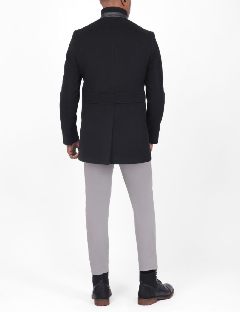 JK40CF10M006-Black-001-3 Comfort-Fit Coat with Mandarin Leather Collar