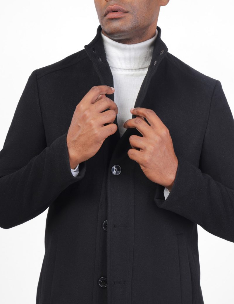 JK40CF10M006-Black-001-4 Comfort-Fit Coat with Mandarin Leather Collar