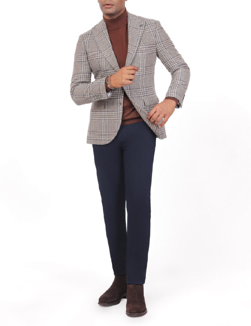 JK40SF04M007-Beige-coffee-016-3 Men's Checked Wool Blazer in Slim Fit