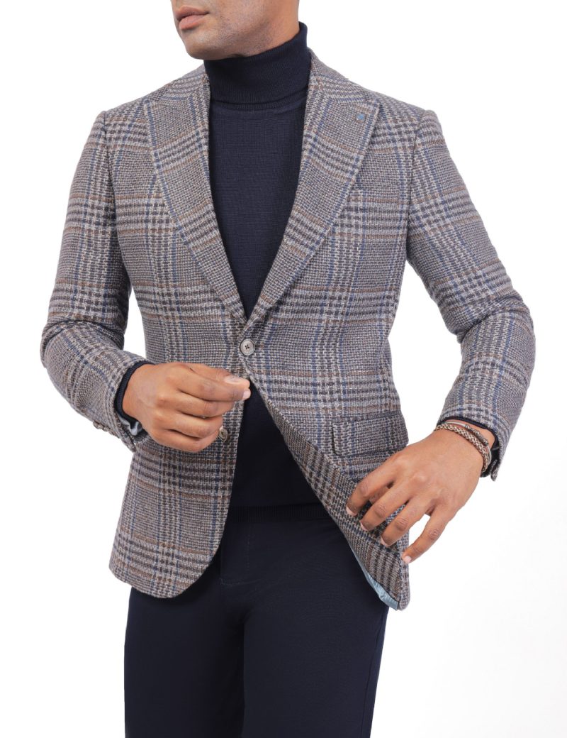 JK40SF04M007-Brown-navy-019-1 Men's Checked Wool Blazer in Slim Fit
