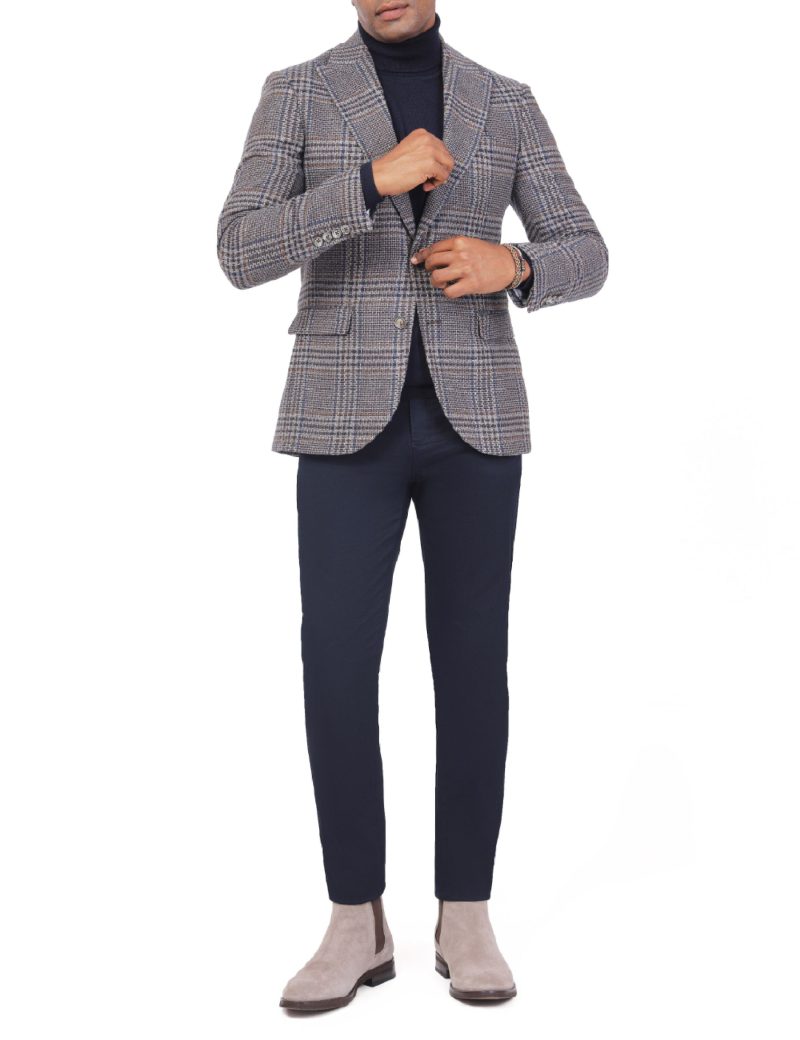 JK40SF04M007-Brown-navy-019-3 Men's Checked Wool Blazer in Slim Fit
