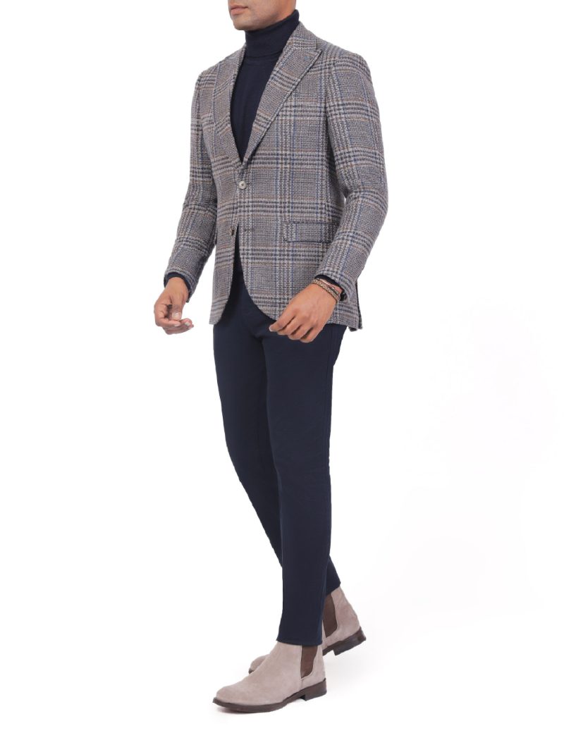 JK40SF04M007-Brown-navy-019-4 Men's Checked Wool Blazer in Slim Fit