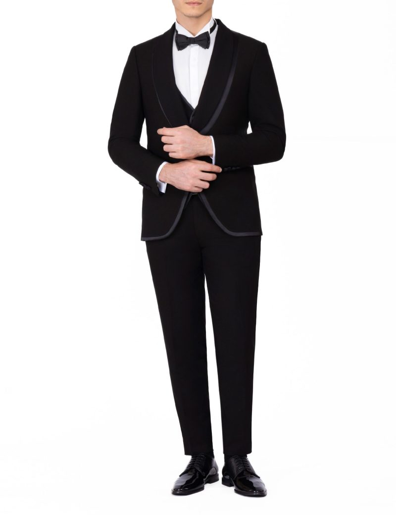 JK40SF18M016-Black-001-1 Slim-Fit Tuxedo Suit with Shawl Satin Lapel