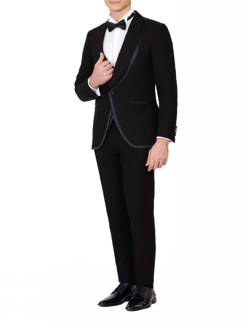 JK40SF18M016-Black-001-2 Slim-Fit Tuxedo Suit with Shawl Satin Lapel