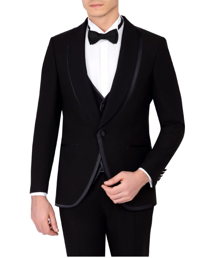 JK40SF18M016-Black-001-5 Slim-Fit Tuxedo Suit with Shawl Satin Lapel