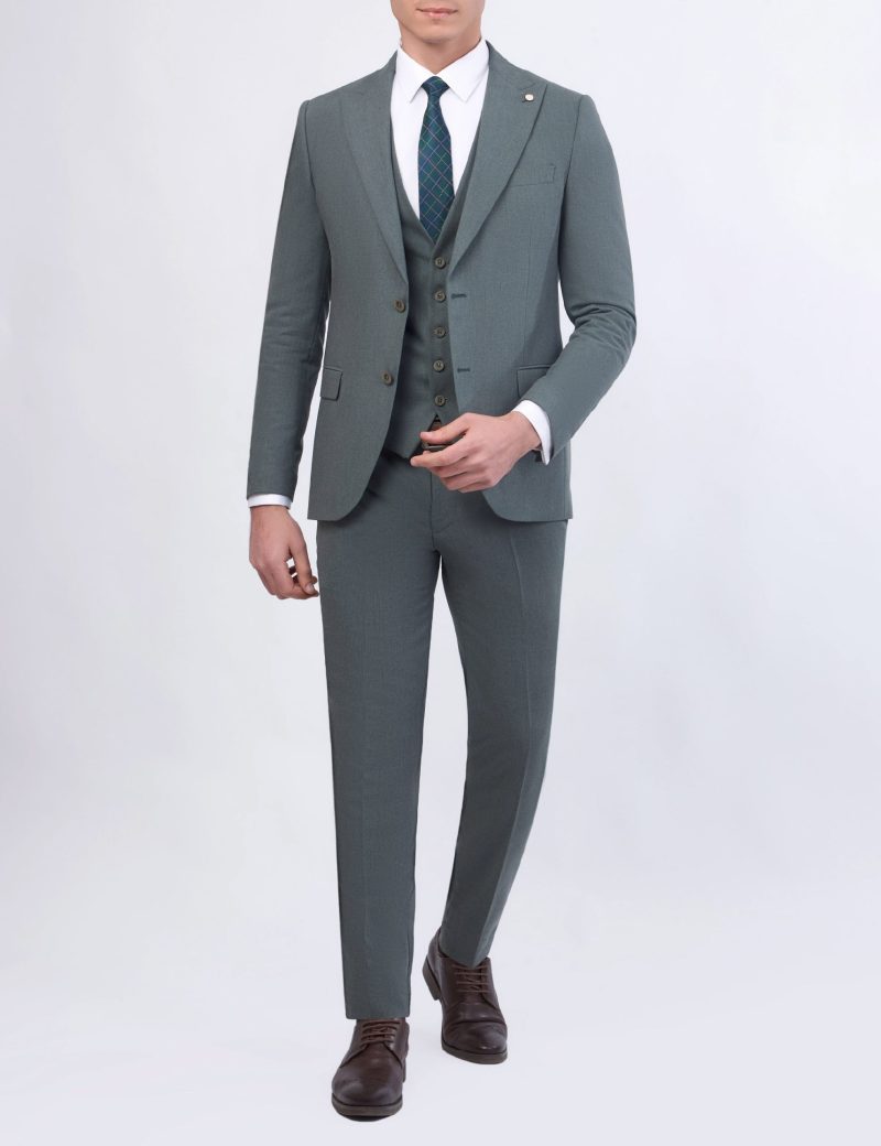 OL40SF02M002-Olive-523-1 Slim Fit 3-Piece Suit With Identical Vest