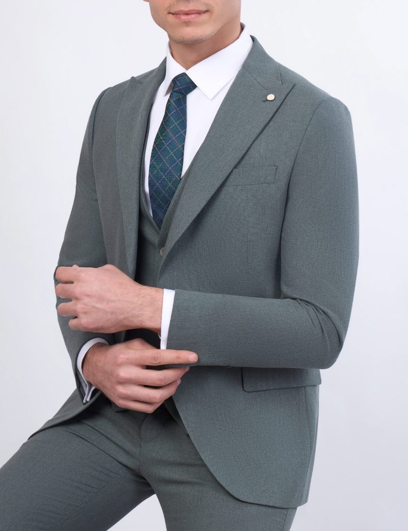 OL40SF02M002-Olive-523-4 Slim Fit 3-Piece Suit With Identical Vest