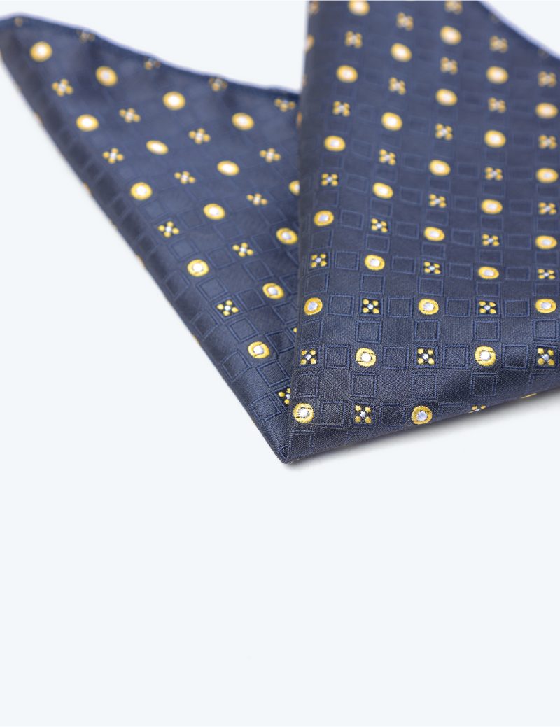 PS04N00-Navy-2 Yellow circles Pocket square