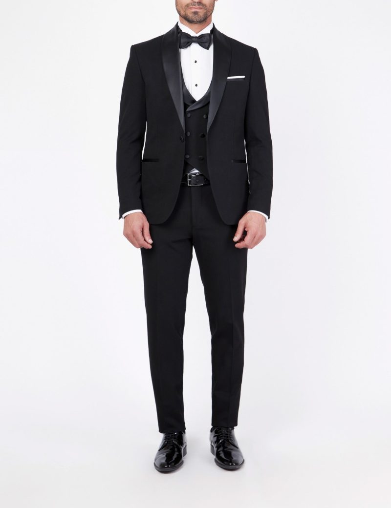 SK37SF18M002-Black-001-1 Crepe Slim-Fit Groom Suit with Shawl satin lapel