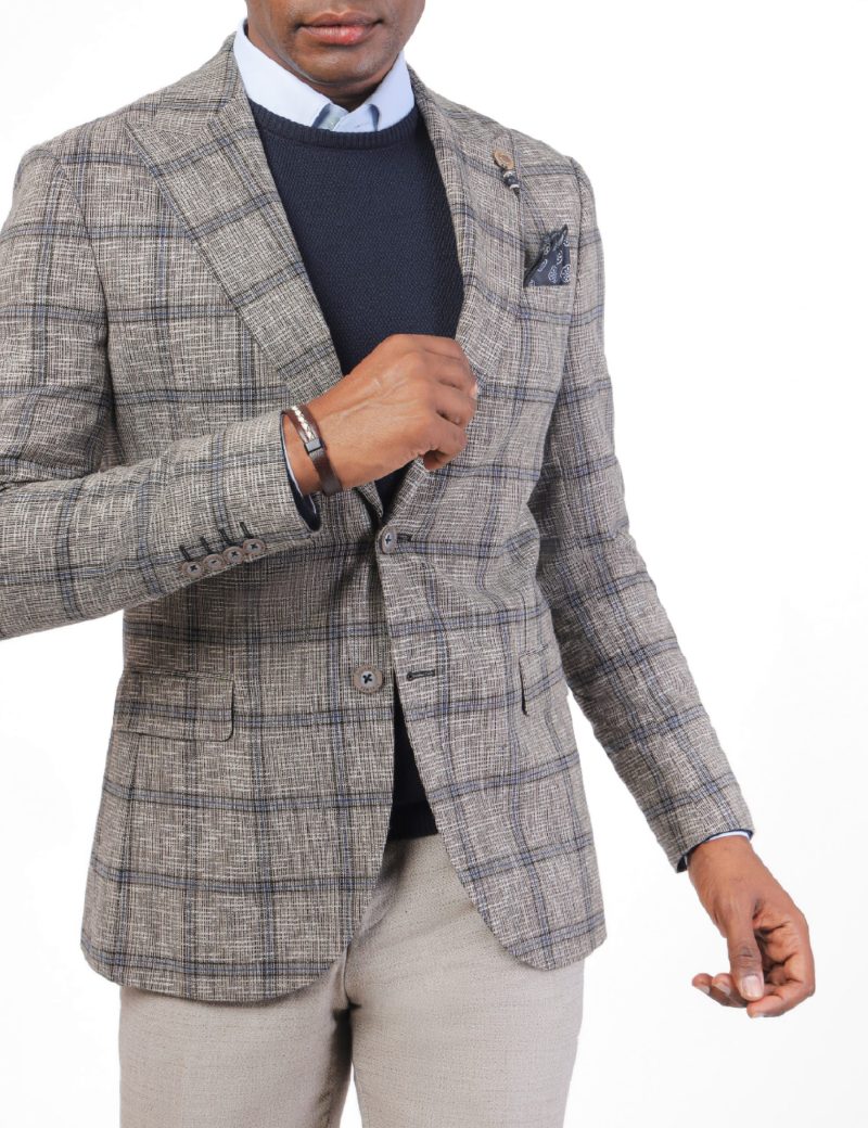 SK38SF04M013-Beige-899-1 Slim Fit Checked Wool Blazer