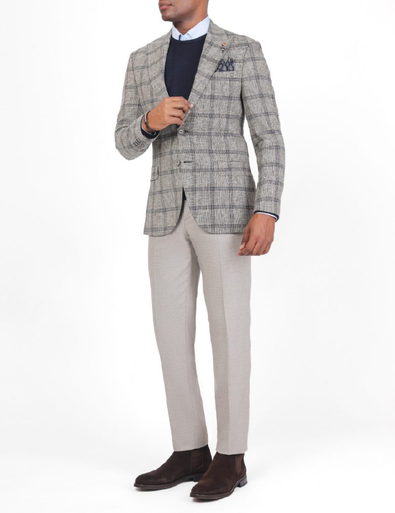 SK38SF04M013-Beige-899-2 Slim Fit Checked Wool Blazer