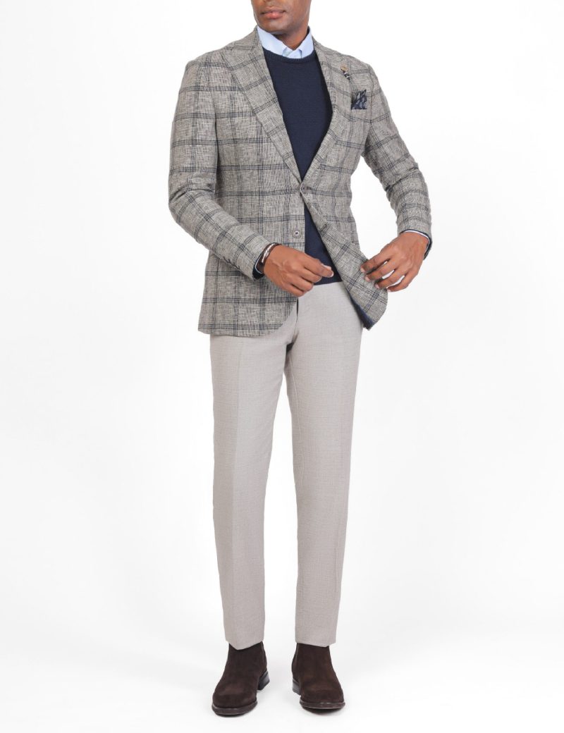 SK38SF04M013-Beige-899-3 Slim Fit Checked Wool Blazer
