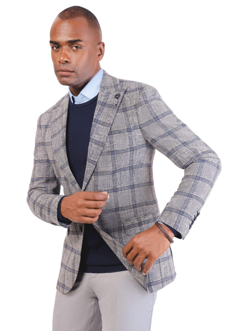 SK38SF04M013-Grey-019-1 Slim Fit Checked Wool Blazer