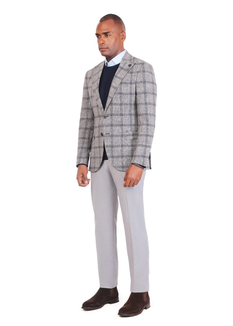 SK38SF04M013-Grey-019-3 Slim Fit Checked Wool Blazer