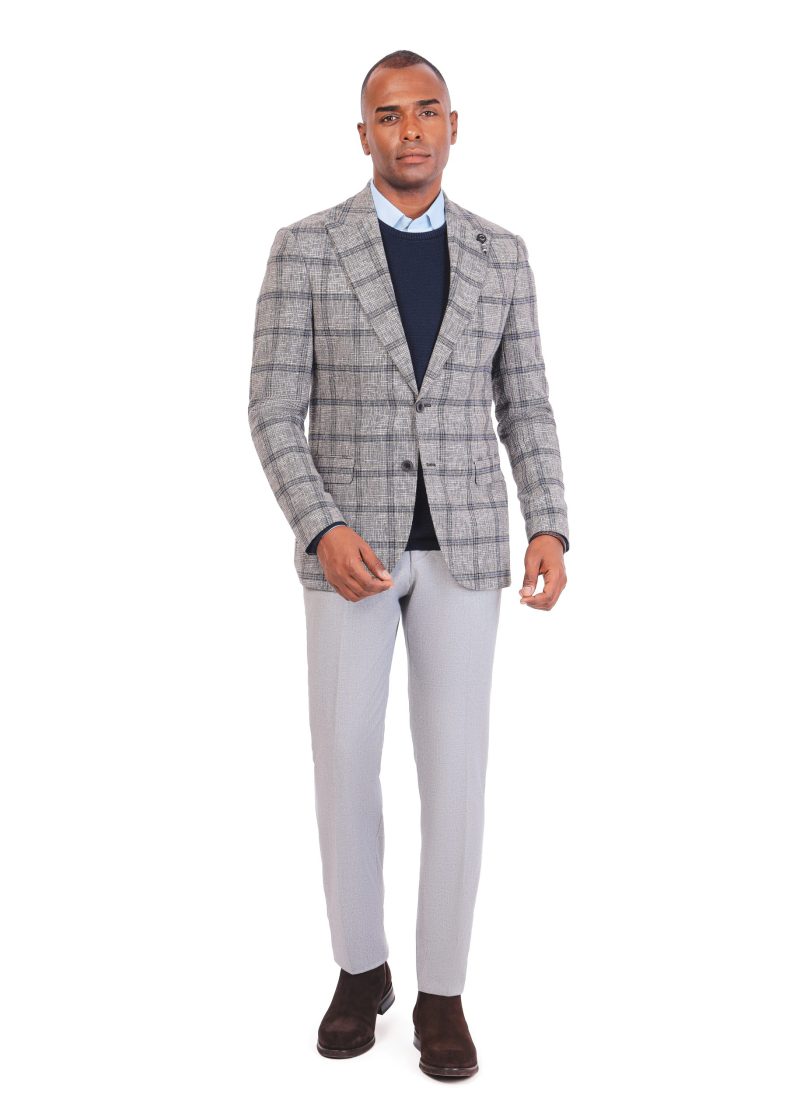 SK38SF04M013-Grey-019-4 Slim Fit Checked Wool Blazer
