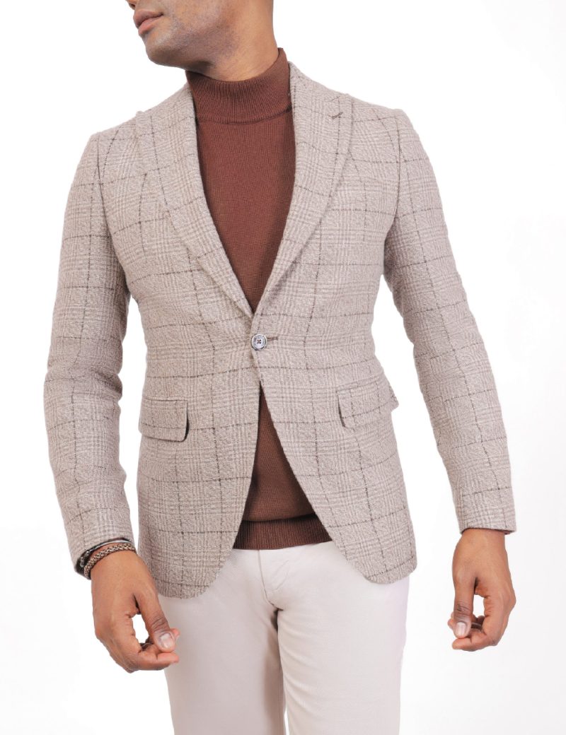 SK40SF04M001-Beige-Brown-028-1 Checked Wool Blazer in Slim Fit