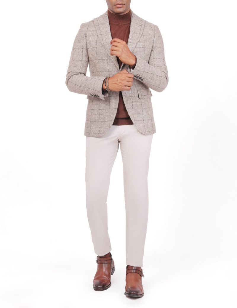 SK40SF04M001-Beige-Brown-028-2 Checked Wool Blazer in Slim Fit