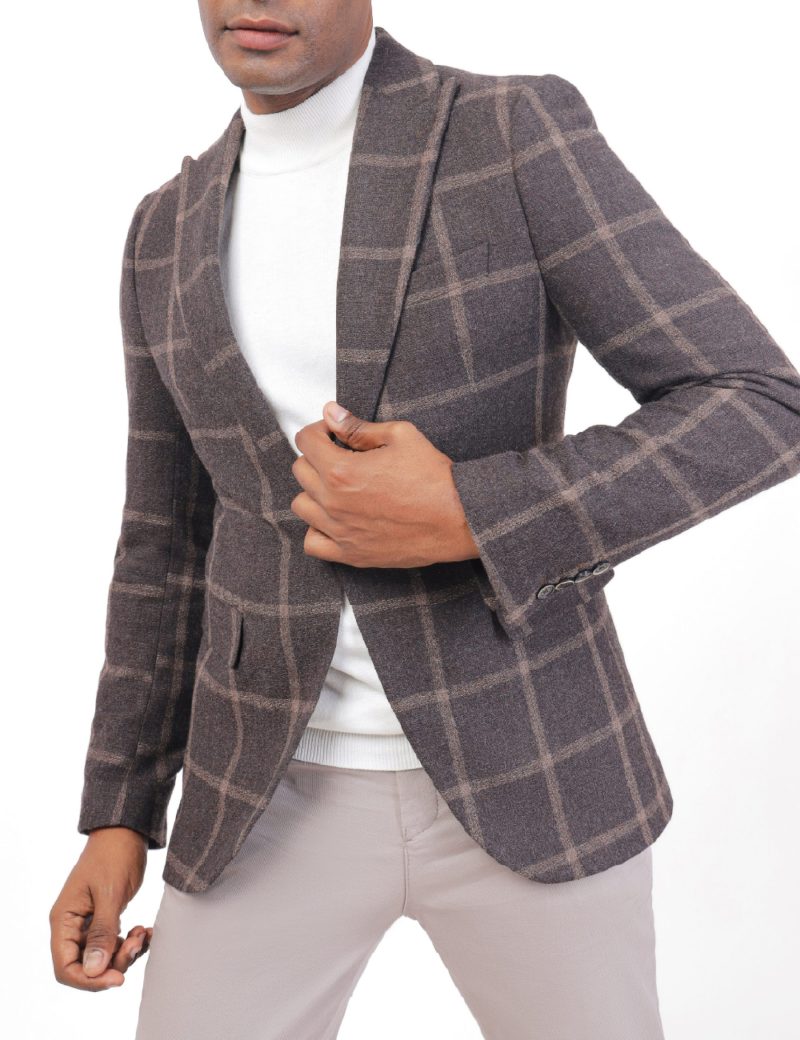 SK40SF04M001-Brown-016-1 Checked Wool Blazer in Slim Fit