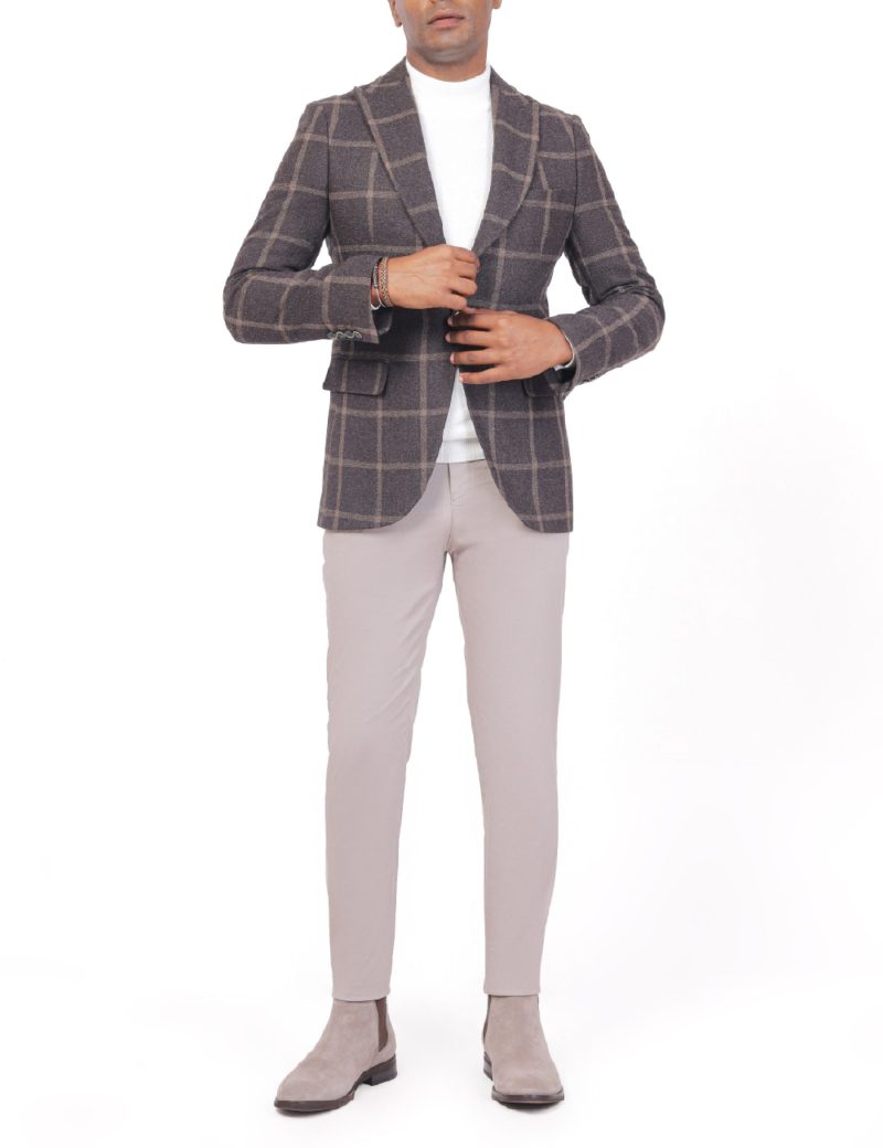 SK40SF04M001-Brown-016-2 Checked Wool Blazer in Slim Fit