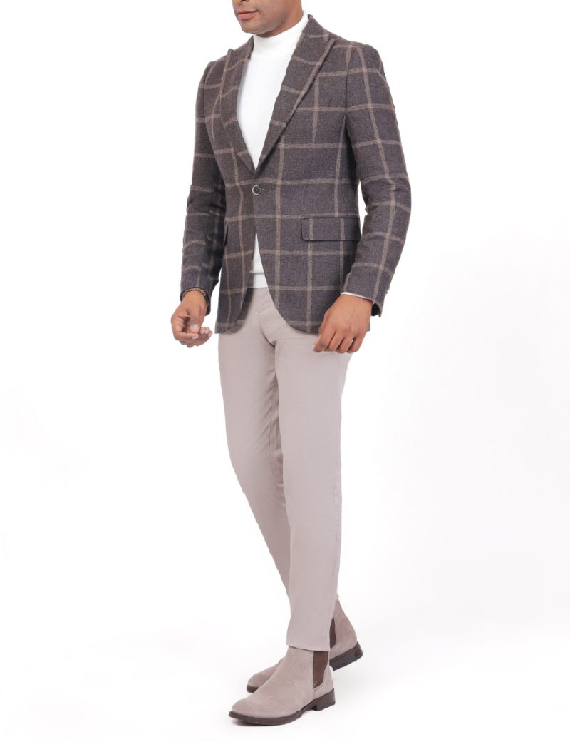 SK40SF04M001-Brown-016-4 Checked Wool Blazer in Slim Fit