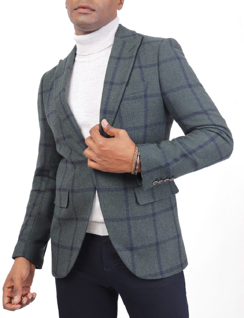 SK40SF04M001-Olive-471-1 Checked Wool Blazer in Slim Fit