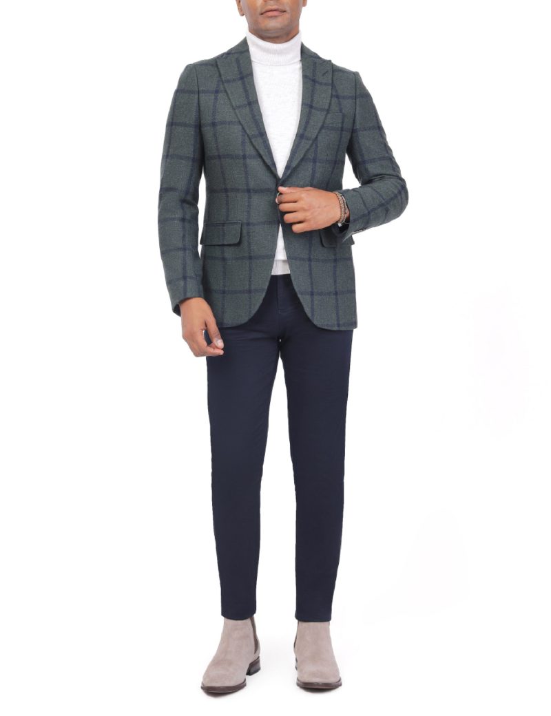 SK40SF04M001-Olive-471-2 Checked Wool Blazer in Slim Fit