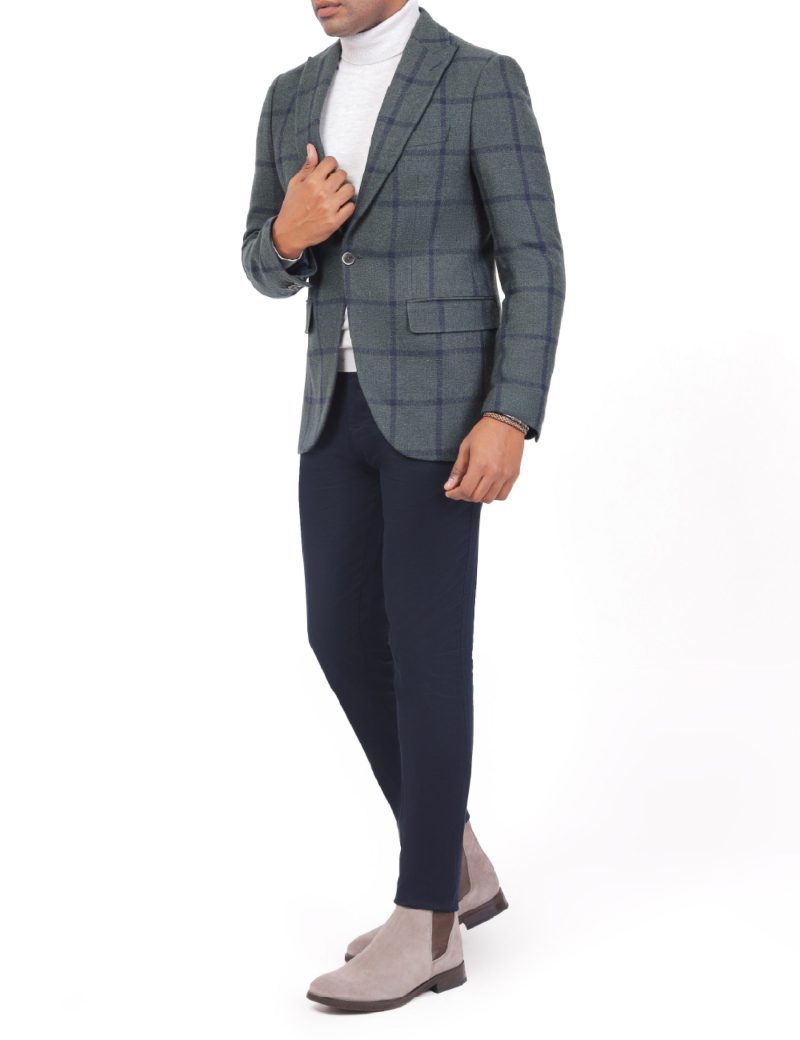 SK40SF04M001-Olive-471-3 Checked Wool Blazer in Slim Fit