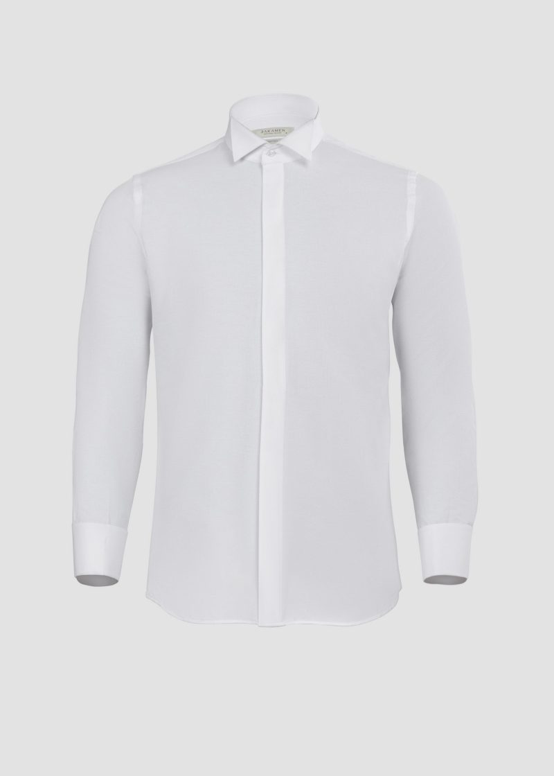 SK42CF01M006-White-394-1 Comfort Fit Textured Tuxedo Shirt with Hidden Buttons