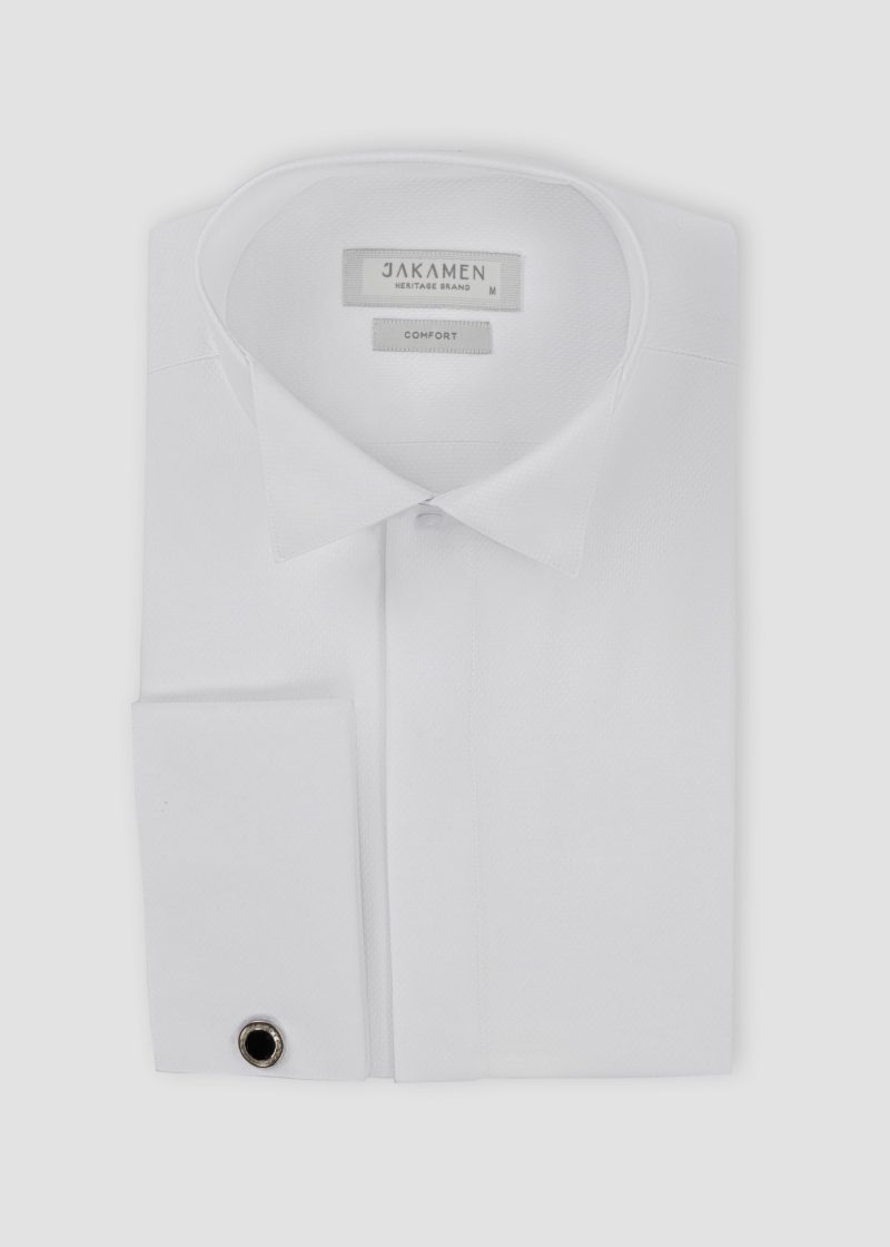 SK42CF01M006-White-394-3 Comfort Fit Textured Tuxedo Shirt with Hidden Buttons