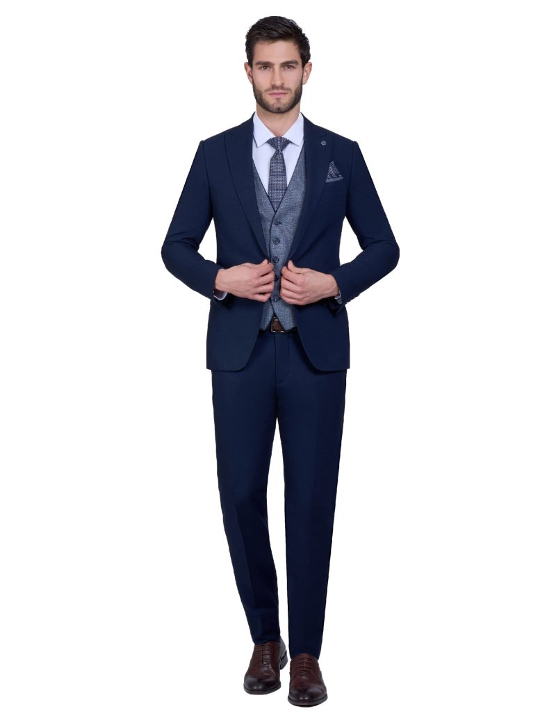 Print Slim Fit Peak Lapel Vest Suit with Navy Trim