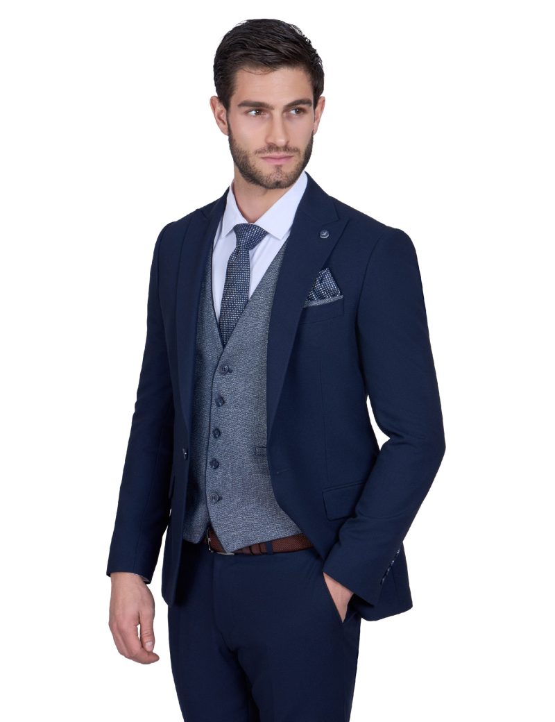 Print Slim Fit Peak Lapel Vest Suit with Navy Trim