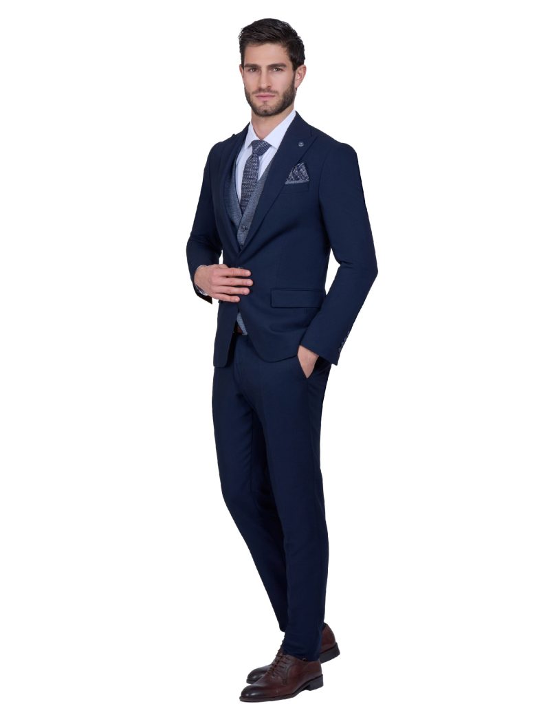 Print Slim Fit Peak Lapel Vest Suit with Navy Trim
