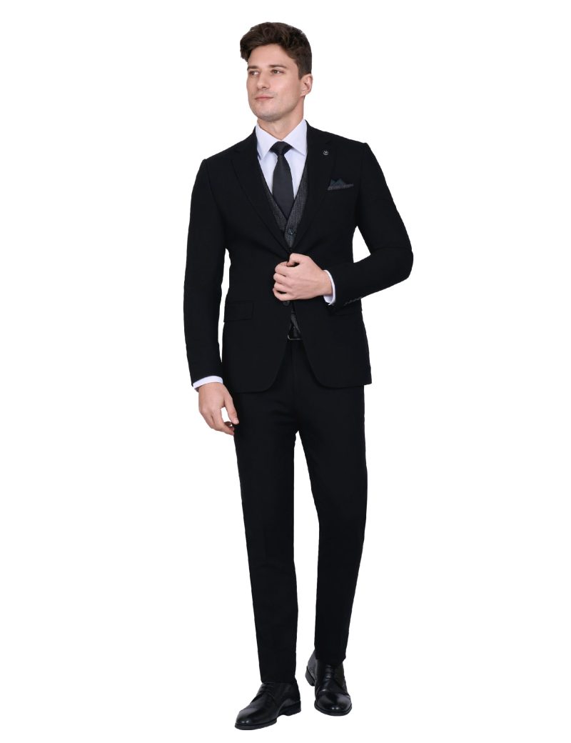 Print Slim Fit Peak Lapel Vest Suit with Navy Trim