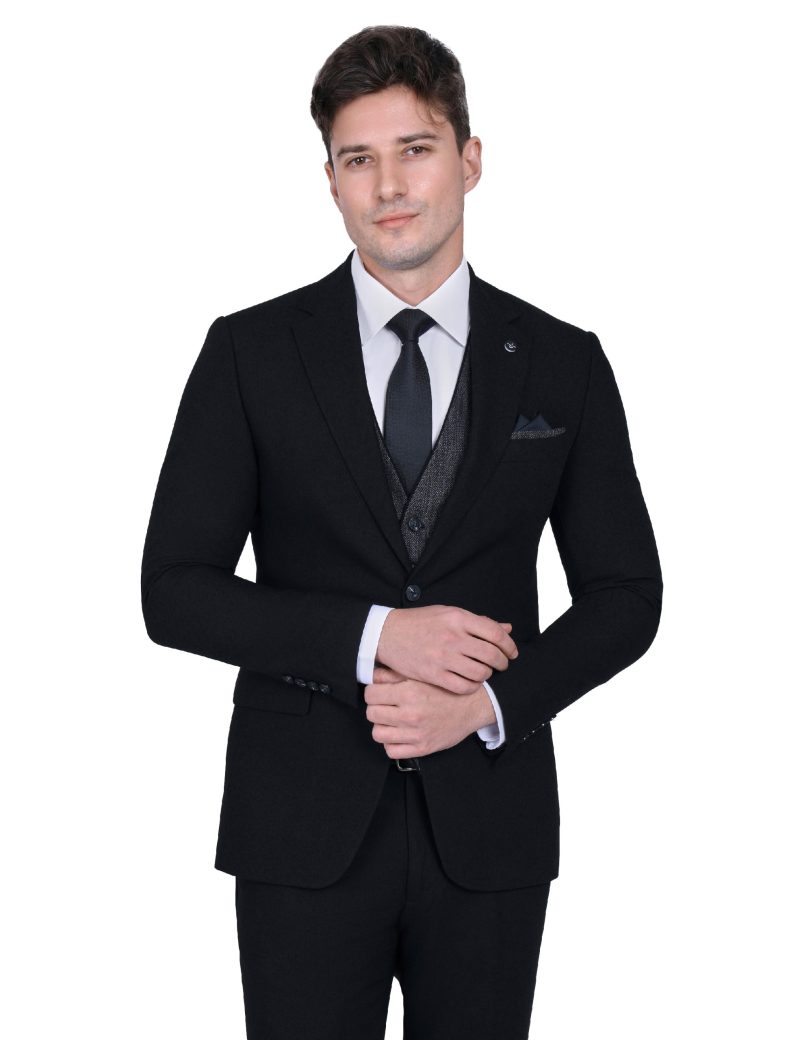 Print Slim Fit Peak Lapel Vest Suit with Navy Trim