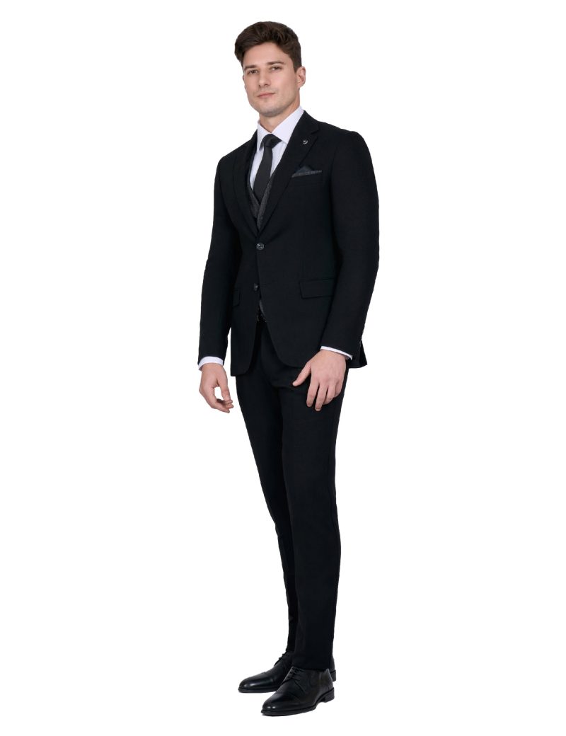 Print Slim Fit Peak Lapel Vest Suit with Navy Trim