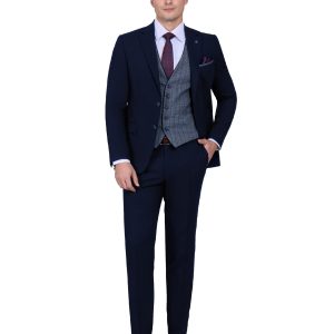 Slim Fit Notch Lapel Vest Suit with Navy Trim