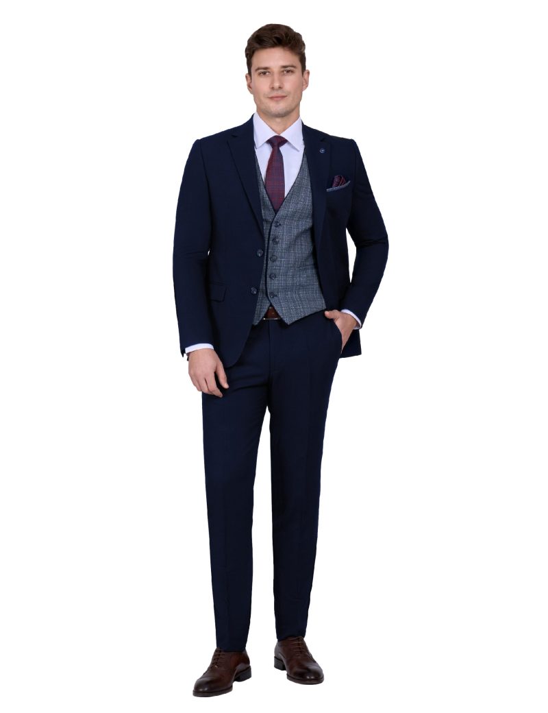 Print Slim Fit Notch Lapel Vest Suit with Navy Trim