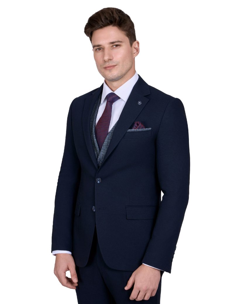 Print Slim Fit Notch Lapel Vest Suit with Navy Trim