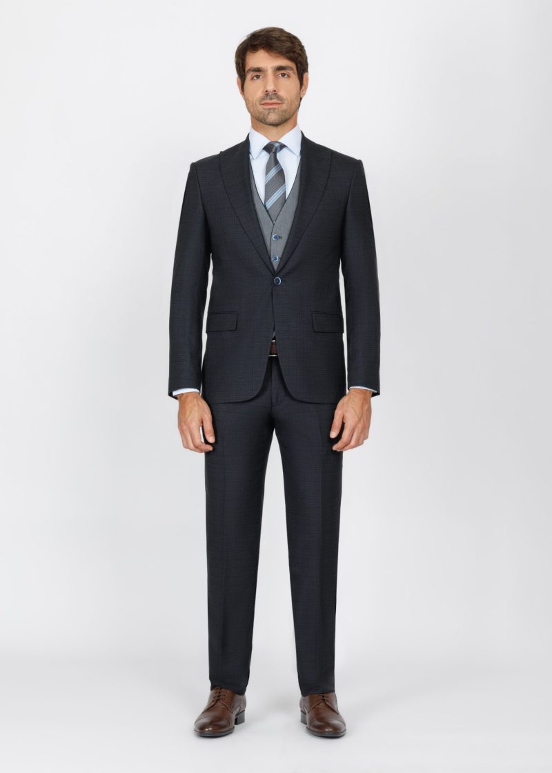 SK42SF02M012-Black-Navy-001-1 Slim Fit Peak Lapel Suit with Black-Trim Vest