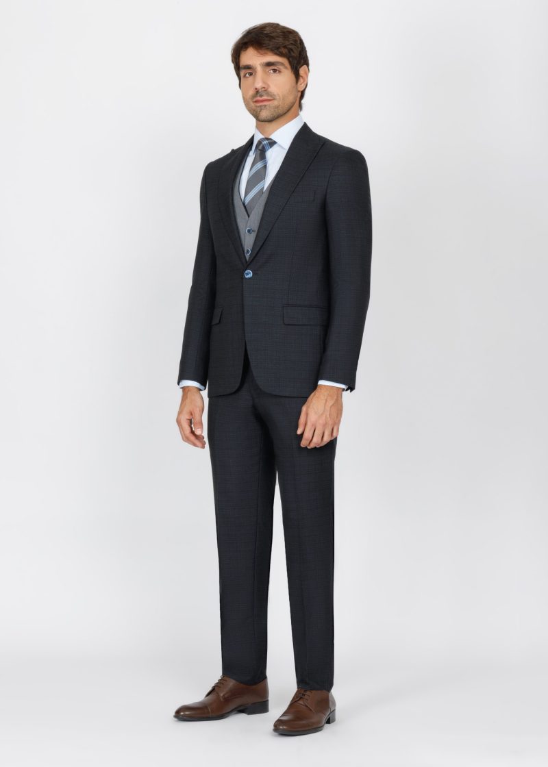 SK42SF02M012-Black-Navy-001-2 Slim Fit Peak Lapel Suit with Black-Trim Vest