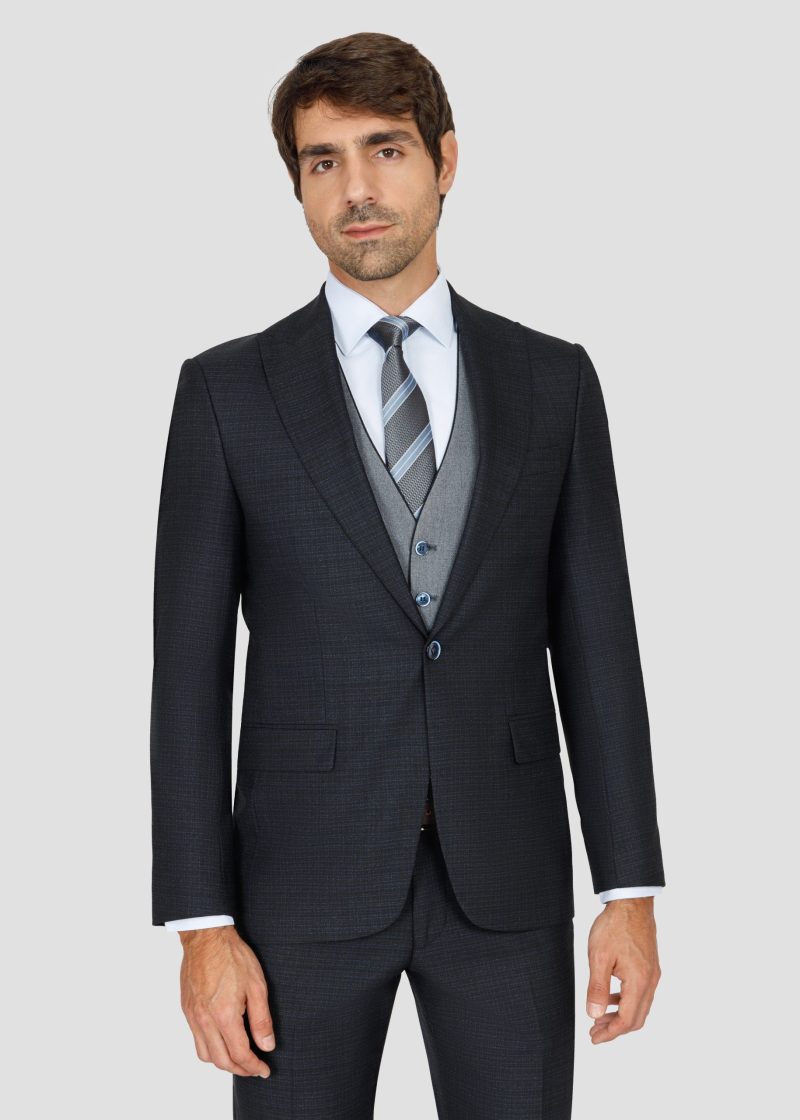 SK42SF02M012-Black-Navy-001-4 Slim Fit Peak Lapel Suit with Black-Trim Vest