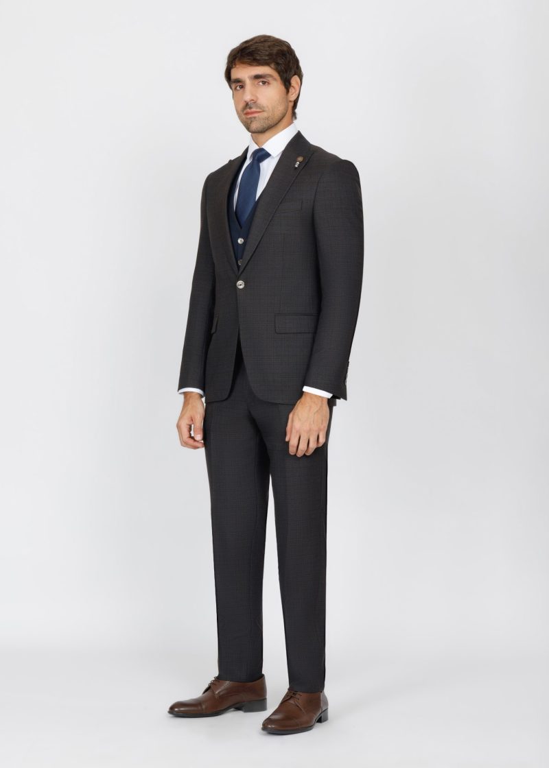 SK42SF02M012-Brown-navy-016-2 Slim Fit Peak Lapel Suit with Black-Trim Vest